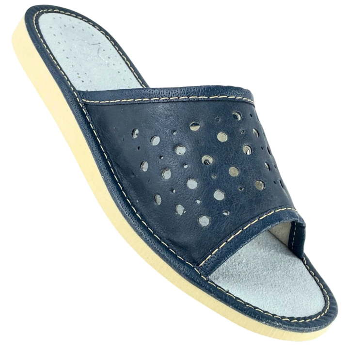 Ciemno granatowe skórkowe pantofle damskie domowe