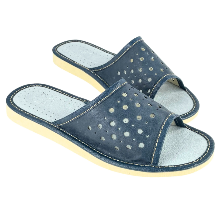 Ciemno granatowe skórkowe pantofle damskie domowe