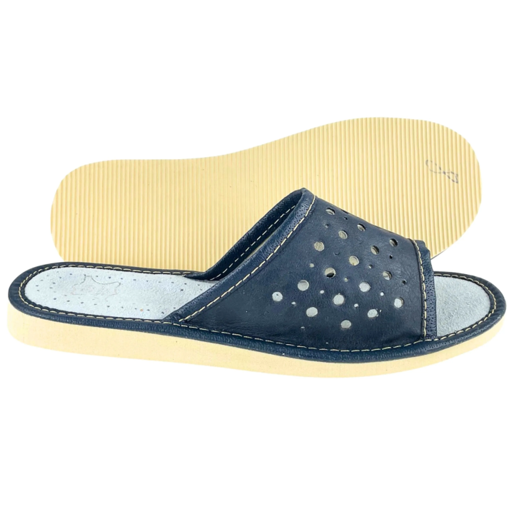 Ciemno granatowe skórkowe pantofle damskie domowe