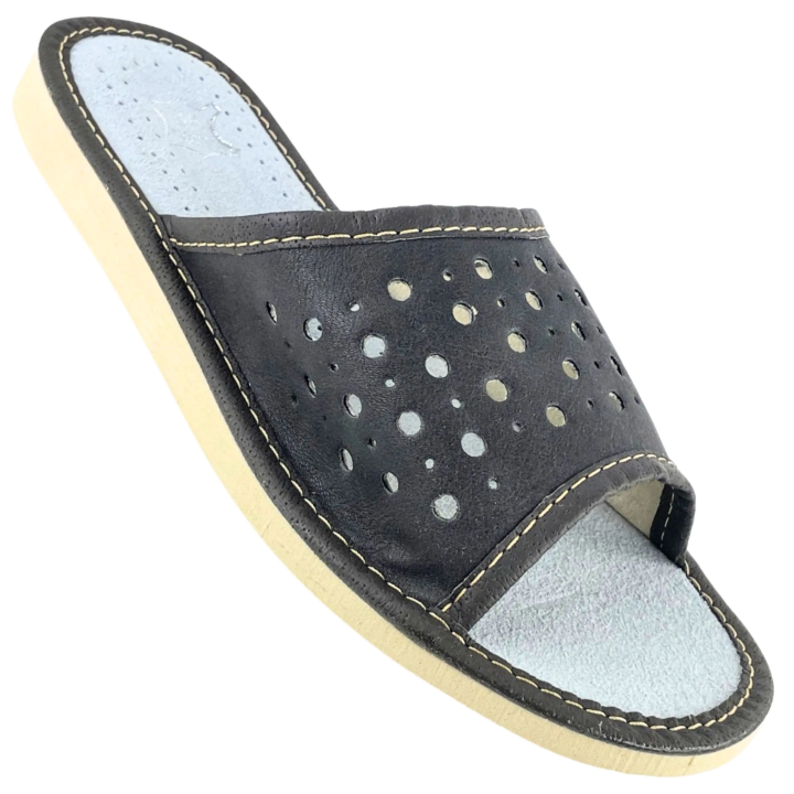 Szare pantofle damskie skórzane, laczki domowe damskie