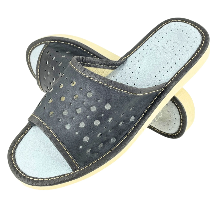 Szare pantofle damskie skórzane, laczki domowe damskie