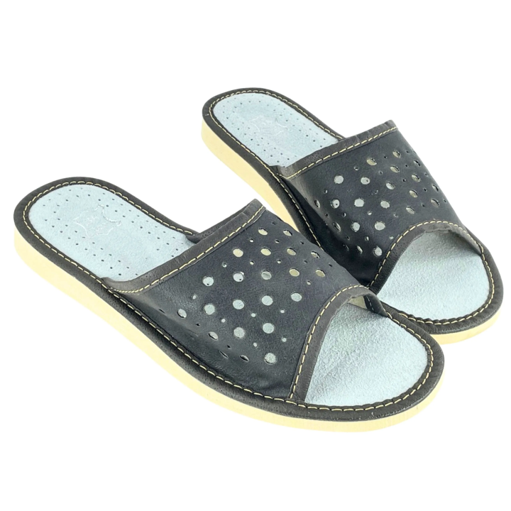 Szare pantofle damskie skórzane, laczki domowe damskie