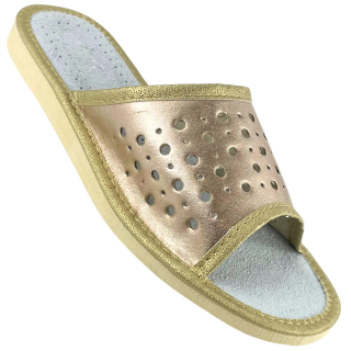 Złote laczki damskie skórzane, kapcie damskie ze skóry, kapcie na lato