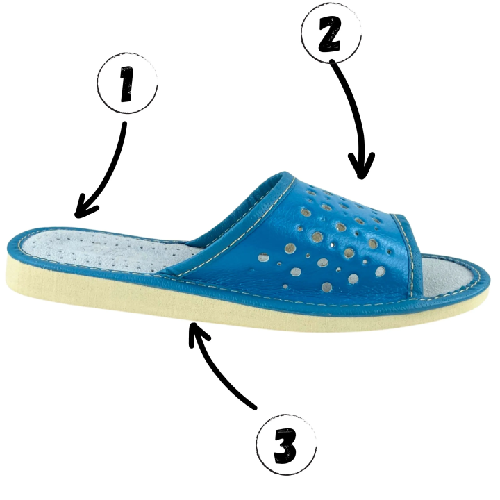 Niebieskie pantofle domowe na lato, skórkowe kapcie damskie domowe - numer 428
