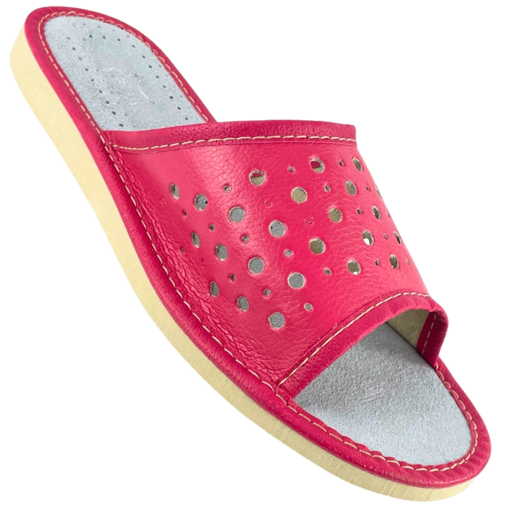 Różowe laczki damskie domowe, kapcie na lato ze skóry