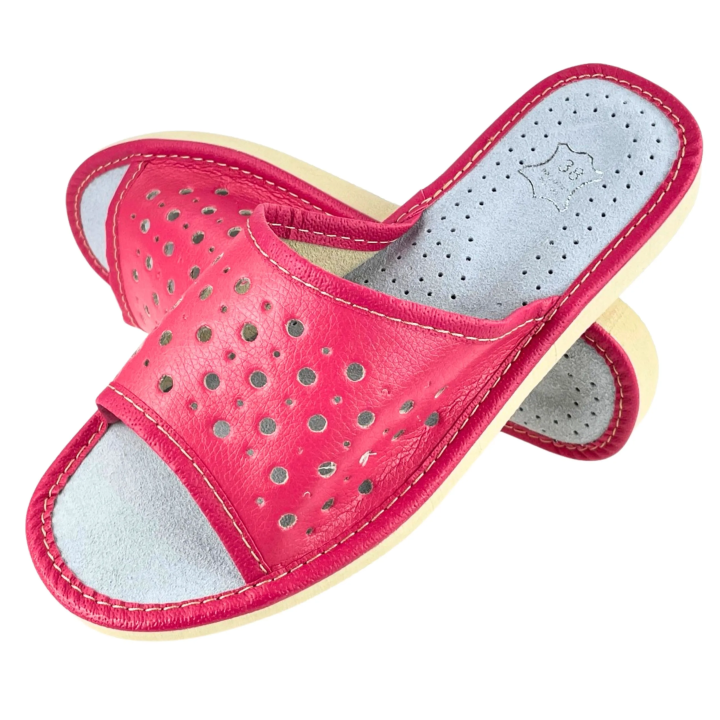 Różowe laczki damskie domowe, kapcie na lato ze skóry