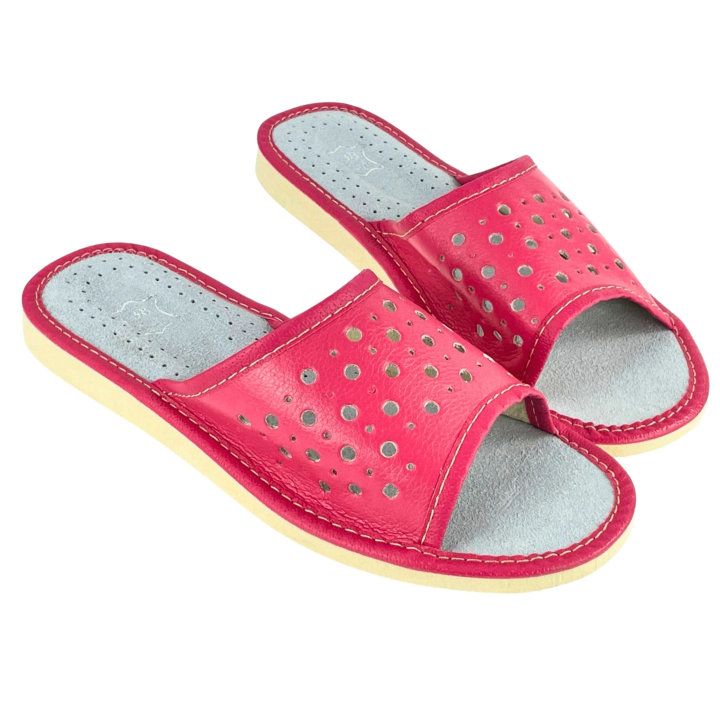 Różowe laczki damskie domowe, kapcie na lato ze skóry