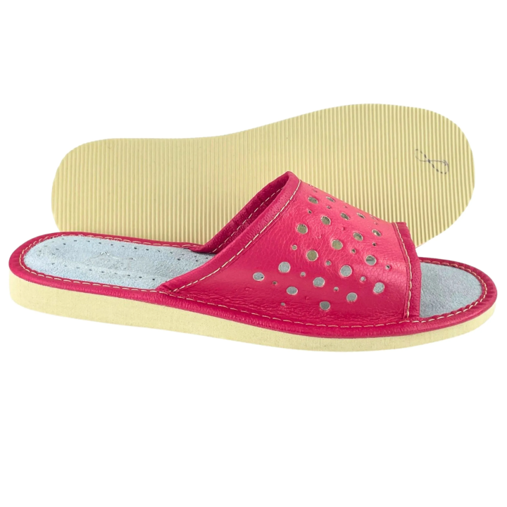 Różowe laczki damskie domowe, kapcie na lato ze skóry