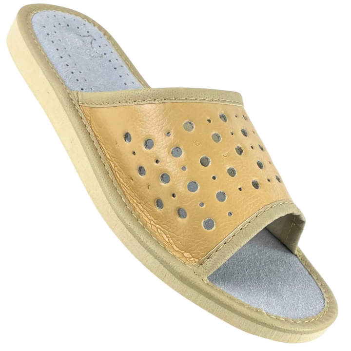 Kapcie damskie na lato, skórzane pantofle damskie beżowe