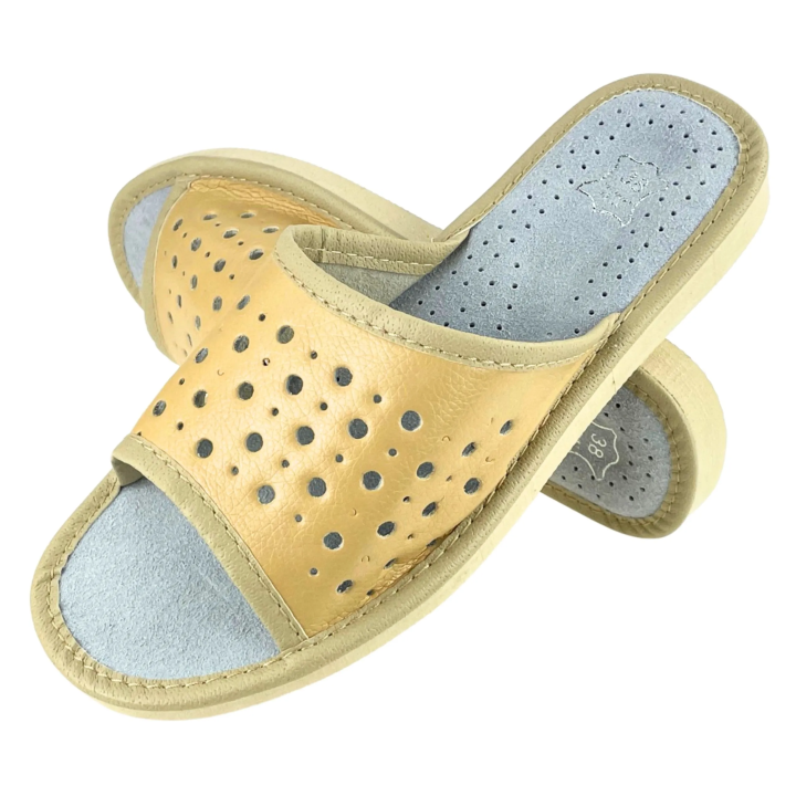 Kapcie damskie na lato, skórzane pantofle damskie beżowe