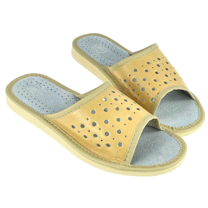 Kapcie damskie na lato, skórzane pantofle damskie beżowe