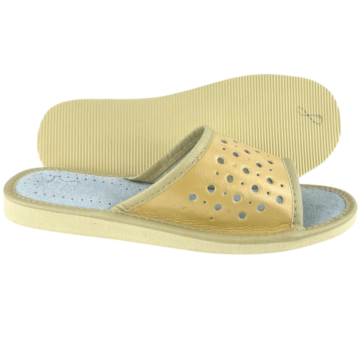 Kapcie damskie na lato, skórzane pantofle damskie beżowe