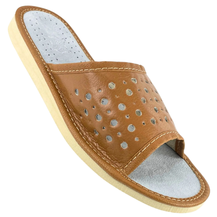 Brązowe naturalny kolor, kapcie damskie ze skóry naturalnej, letnie kapcie damskie