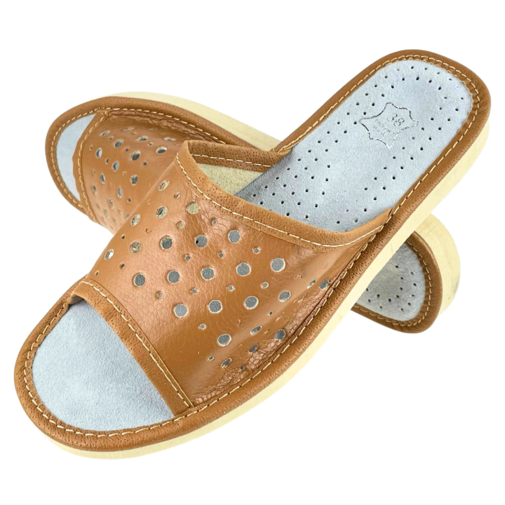 Brązowe naturalny kolor, kapcie damskie ze skóry naturalnej, letnie kapcie damskie