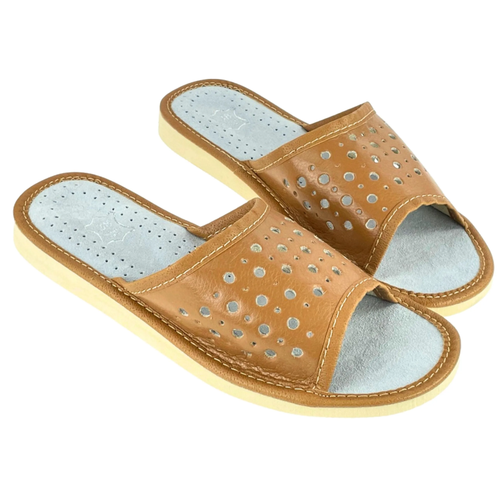 Brązowe naturalny kolor, kapcie damskie ze skóry naturalnej, letnie kapcie damskie