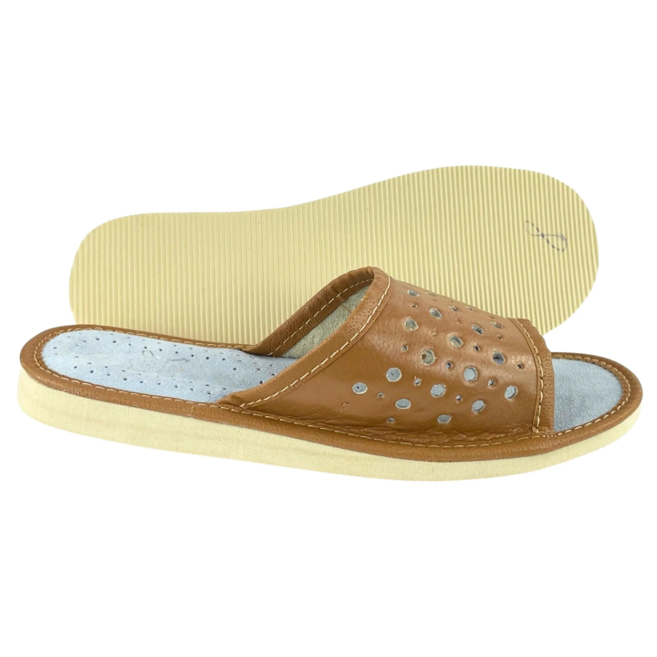 Brązowe naturalny kolor, kapcie damskie ze skóry naturalnej, letnie kapcie damskie