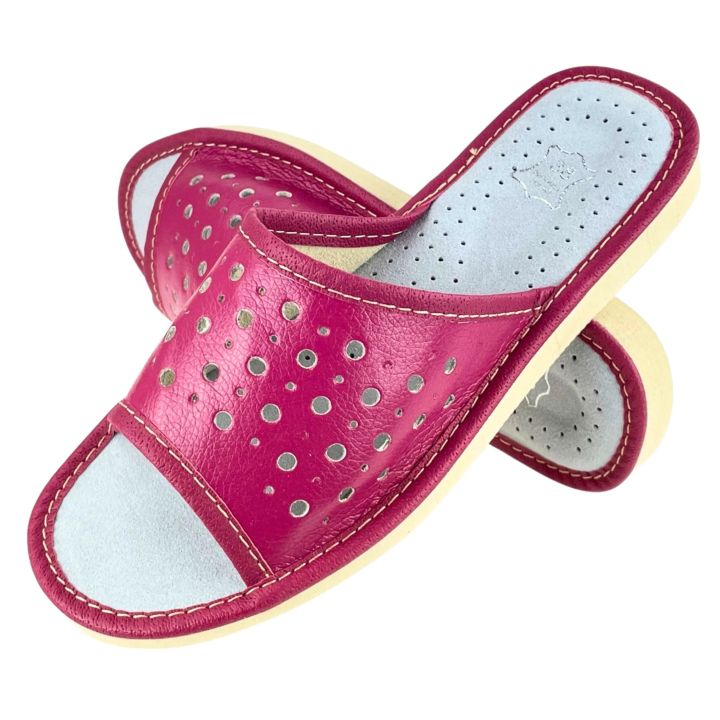 Fioletowe kapcie damskie skórzane, laczki domowe wygodne, profilowane - numer 437