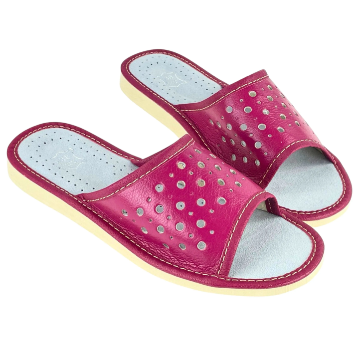 Fioletowe kapcie damskie skórzane, laczki domowe wygodne, profilowane - numer 437