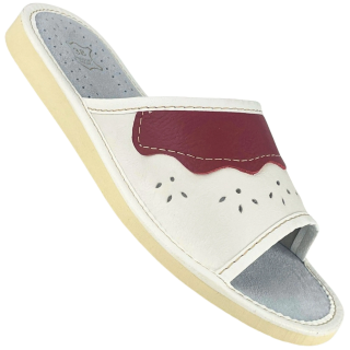 Kapcie domowe damskie skórzane z czerwoną falbanką na cholewce