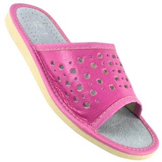 Różowe pantofelki damskie, kapcie domowe skórkowe, laczki, pantofle