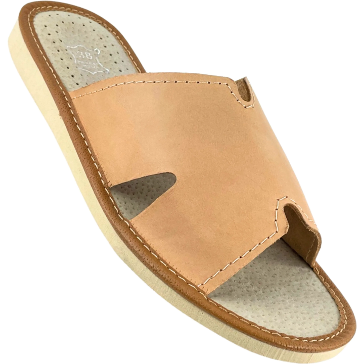 Skórzane naturalne kapcie domowe z wycięciami, na szeroką stopę