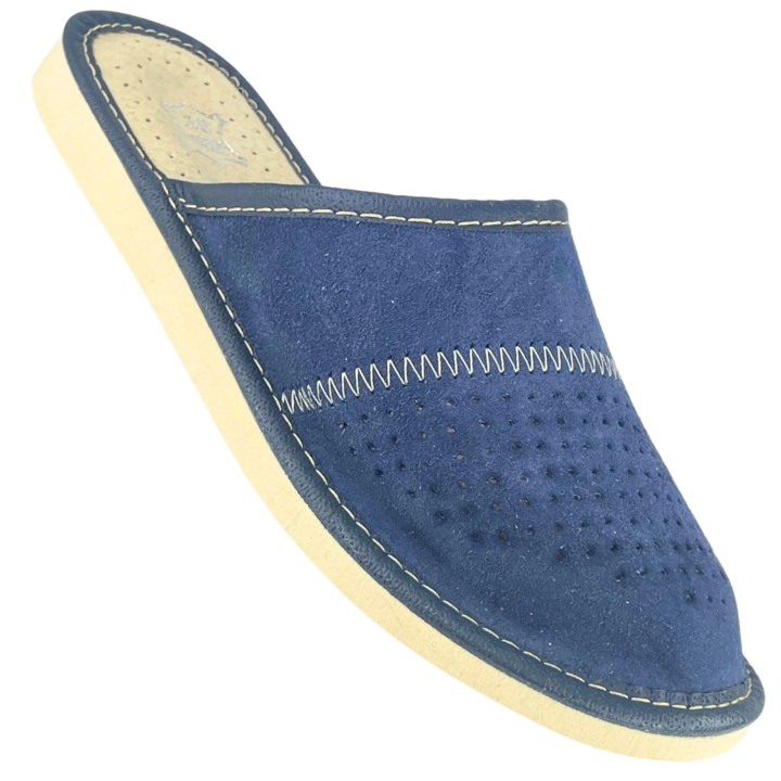 Ciemno granatowe pantofle domowe, skórzane pantofle damskie zamszowe