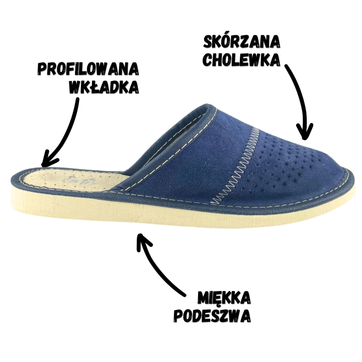 Ciemno granatowe pantofle domowe, skórzane pantofle damskie zamszowe