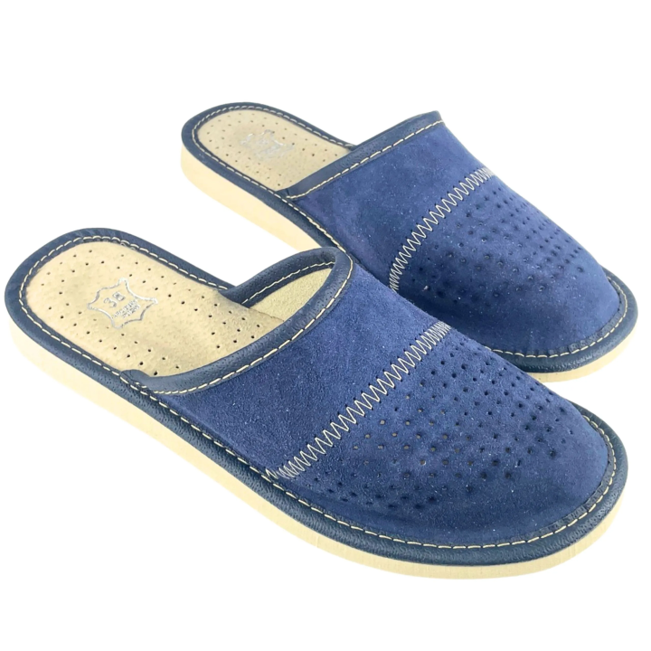 Ciemno granatowe pantofle domowe, skórzane pantofle damskie zamszowe