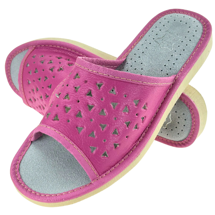 Różowe kapcie damskie ze skórzaną wkładką Pantofle domowe damskie