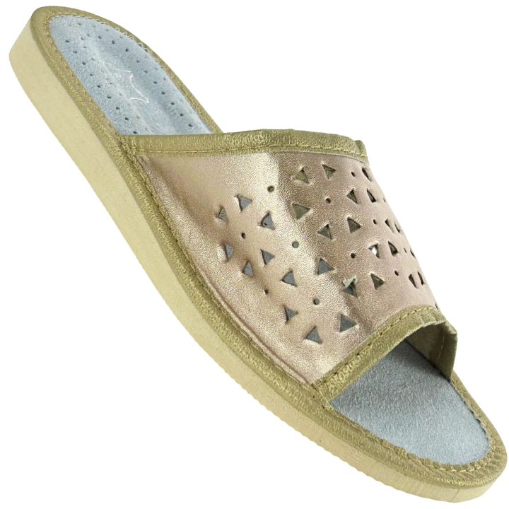 Złote kapcie skórzane damskie Wygodne pantofle góralskie