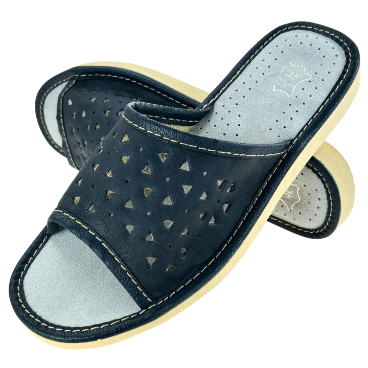 Ciemne kapcie damskie z skórzaną wkładką pantofle damskie domowe - numer 470