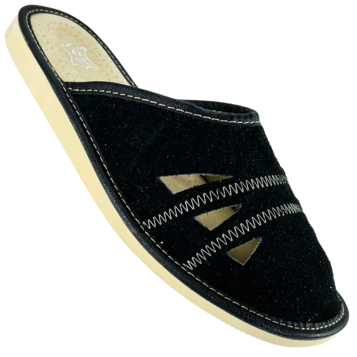 Czarne zamszowe pantofle męskie Skórzane klapki domowe - numer 448