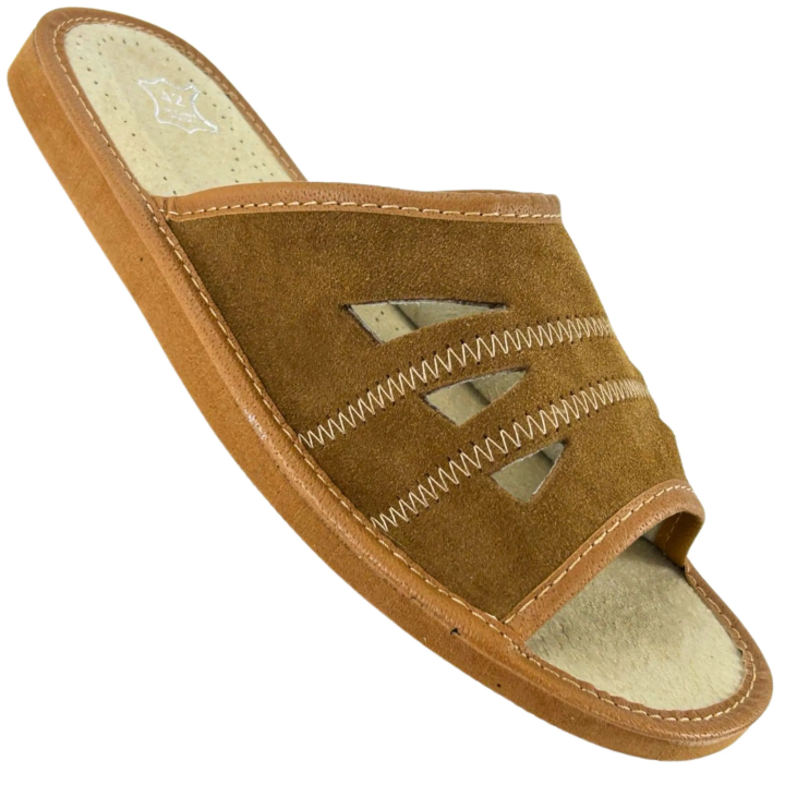 Jasne brązowe kapcie męskie skórzane, wygodne Pantofle męskie klapki domowe - numer 455