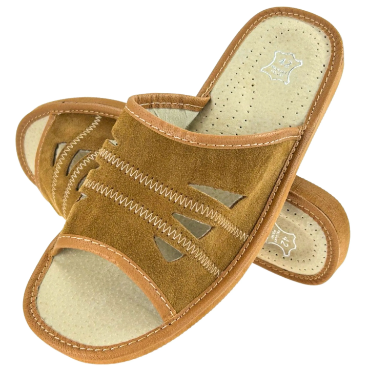 Jasne brązowe kapcie męskie skórzane, wygodne Pantofle męskie klapki domowe - numer 455