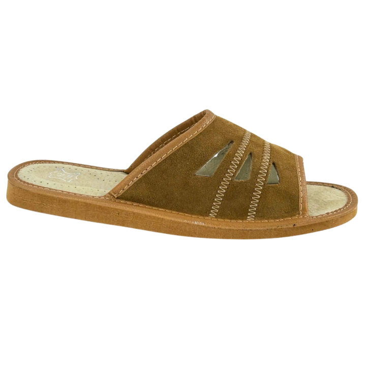 Jasne brązowe kapcie męskie skórzane, wygodne Pantofle męskie klapki domowe - numer 455