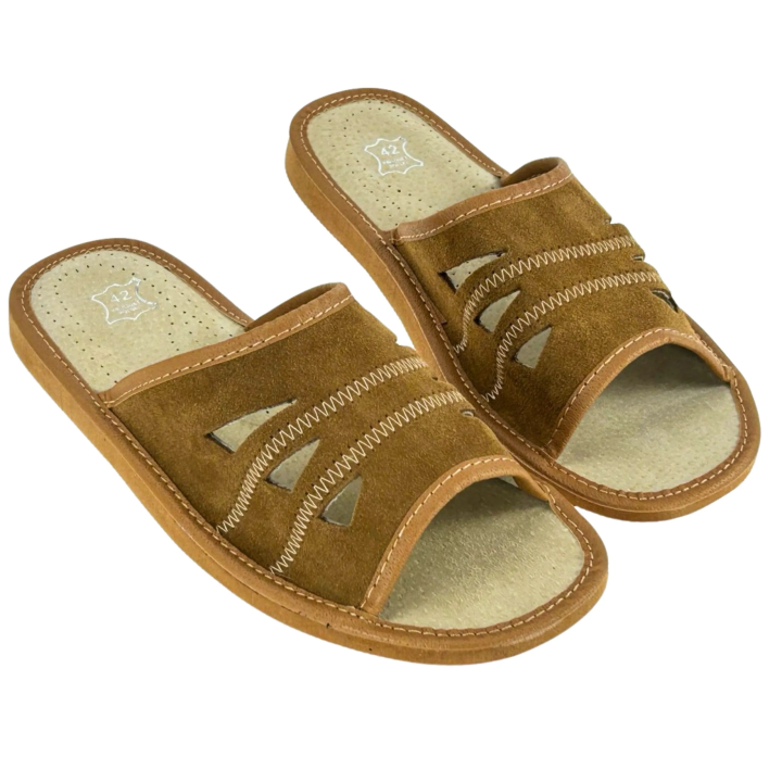 Jasne brązowe kapcie męskie skórzane, wygodne Pantofle męskie klapki domowe - numer 455