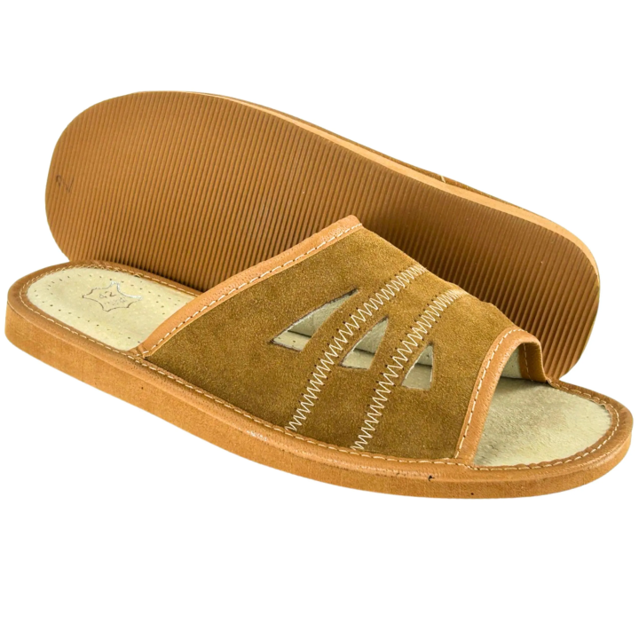 Jasne brązowe kapcie męskie skórzane, wygodne Pantofle męskie klapki domowe - numer 455