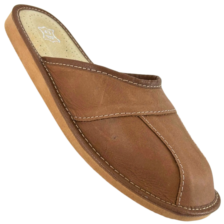 Skórzane pantofle męskie wytrzymałe kapcie góralskie jasny brąz