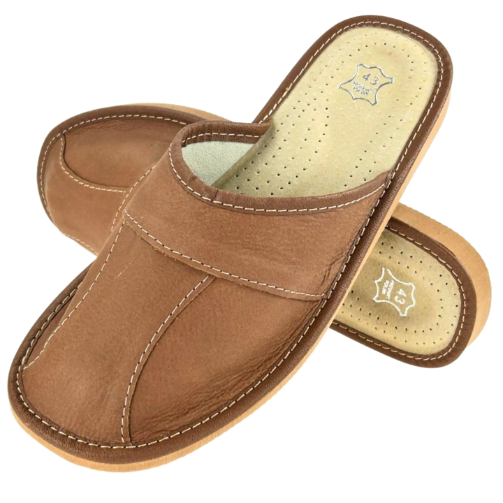 Skórzane pantofle męskie wytrzymałe kapcie góralskie jasny brąz