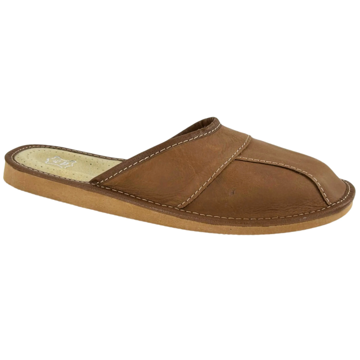 Skórzane pantofle męskie wytrzymałe kapcie góralskie jasny brąz