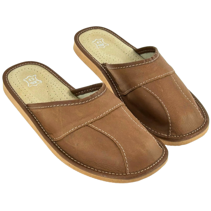 Skórzane pantofle męskie wytrzymałe kapcie góralskie jasny brąz