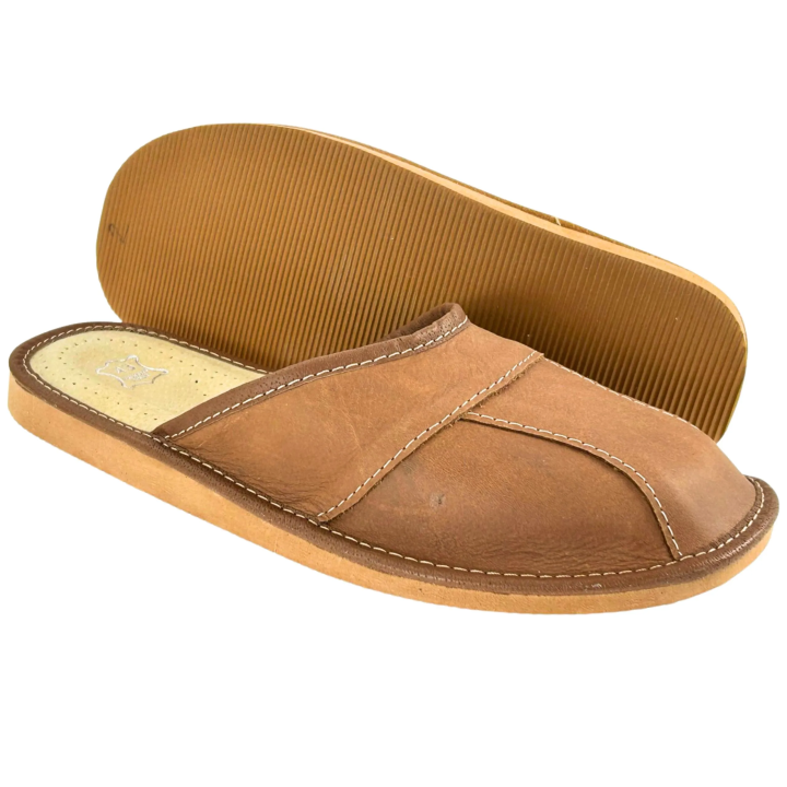 Skórzane pantofle męskie wytrzymałe kapcie góralskie jasny brąz