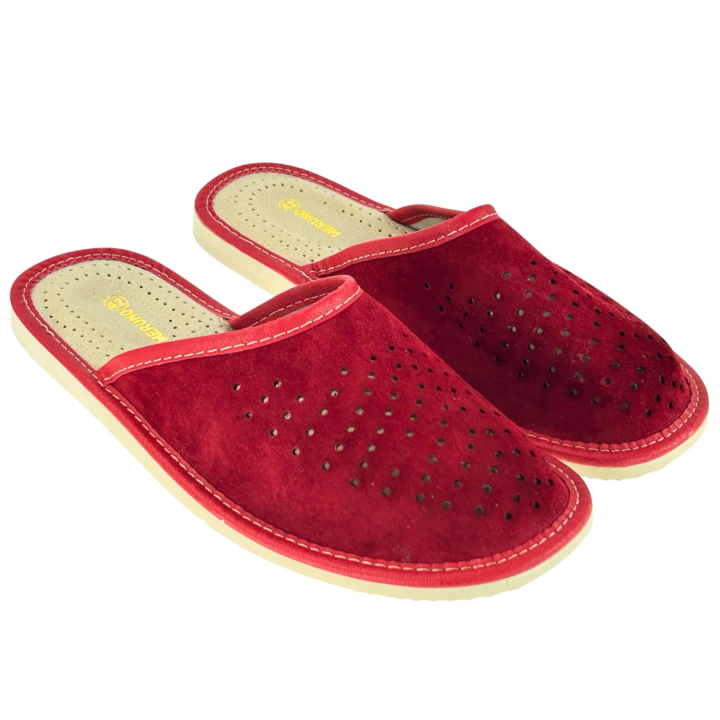 Męskie skórzane czerwone kapcie domowe Pantofle skórkowe