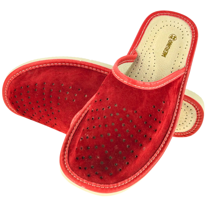 Męskie skórzane czerwone kapcie domowe Pantofle skórkowe