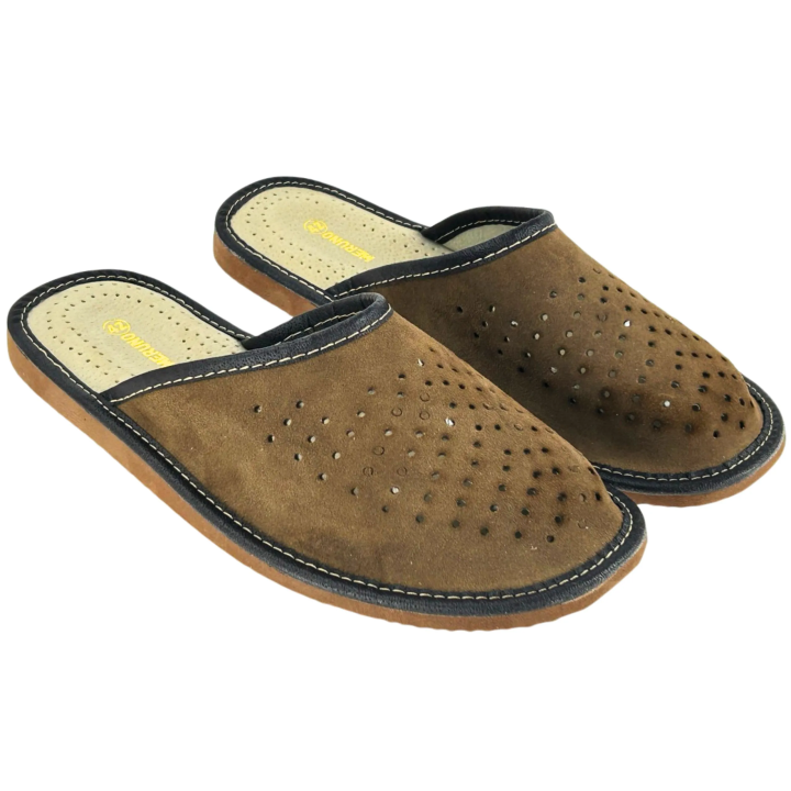 Brązowe kapcie męskie skórzane Pantofle męskie