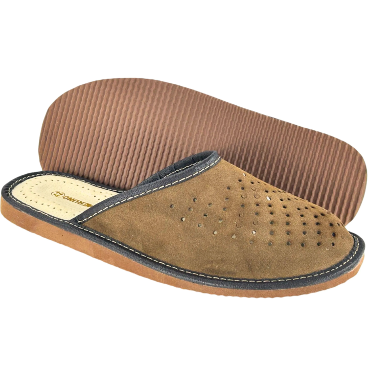 Brązowe kapcie męskie skórzane Pantofle męskie