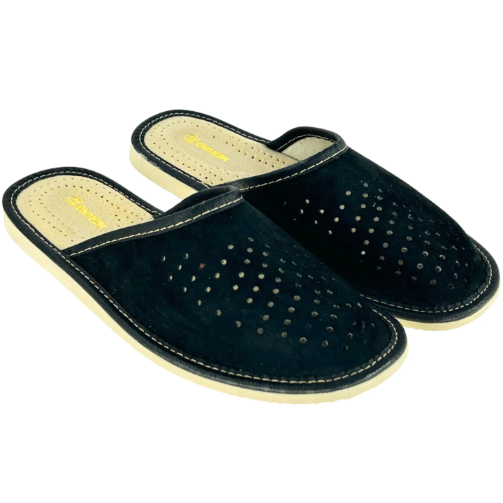 Męskie czarne kapcie domowe Skórzane laczki męskie