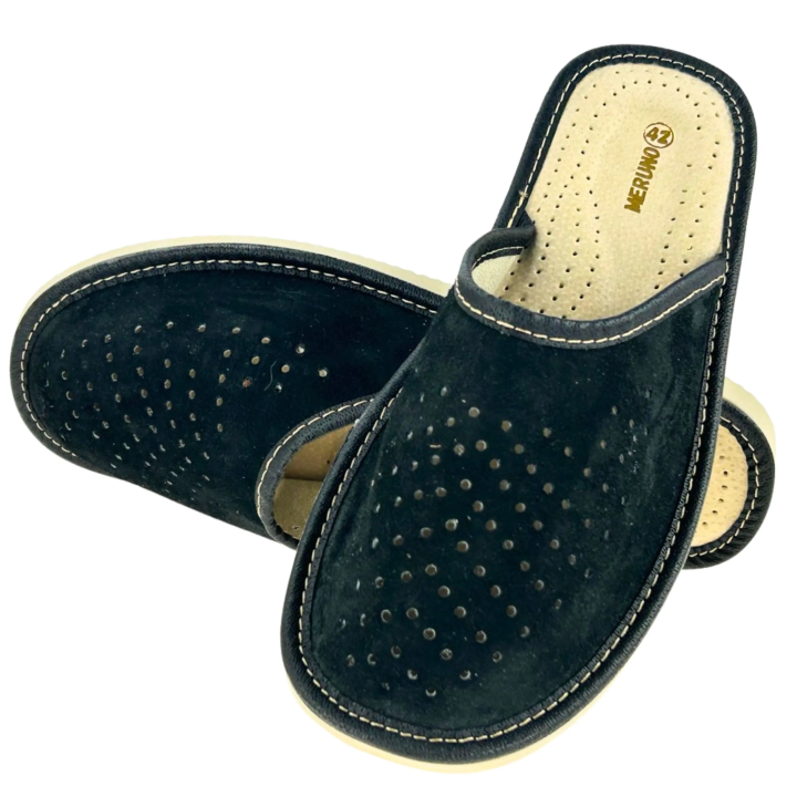 Męskie czarne kapcie domowe Skórzane laczki męskie