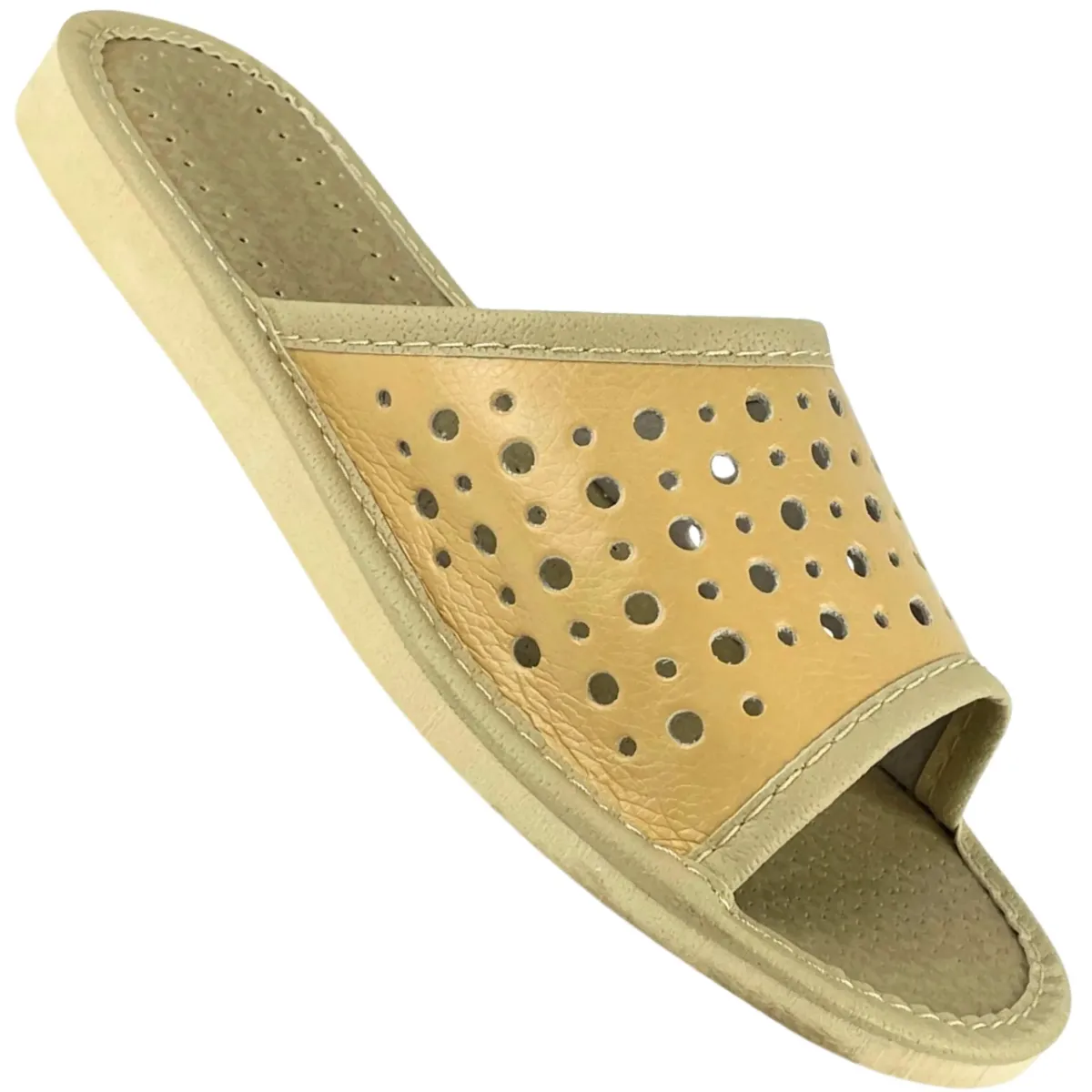 Beżowe kapcie domowe dla kobiet z ażurowym wzorem