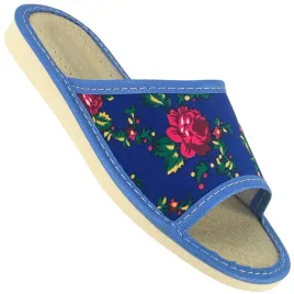 Pantofle damskie domowe z góralskim motywem niebieskie, kapcie góralskie - numer 263